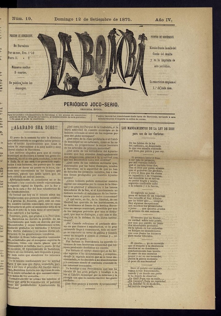 Miniatura de La Bomba: periódico bilingüe joco-serio del domingo 12 de septiembre de 1875, nº 19
