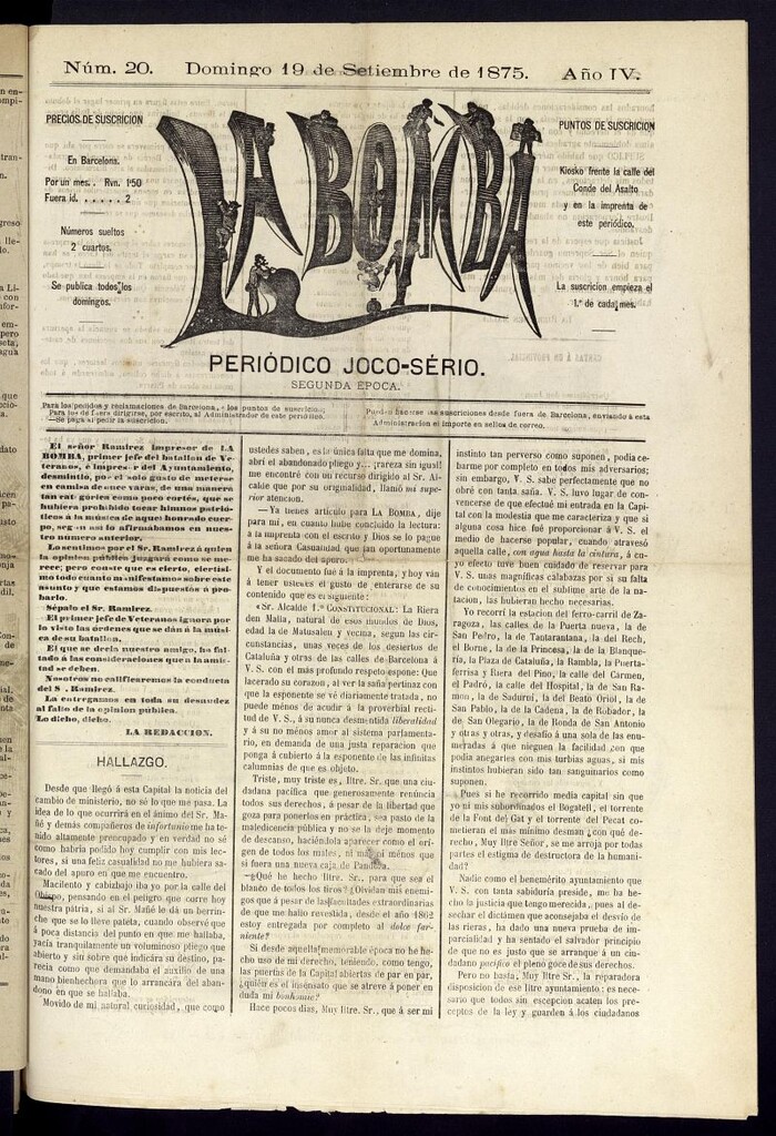 Miniatura de La Bomba: periódico bilingüe joco-serio del domingo 19 de septiembre de 1875, nº 20