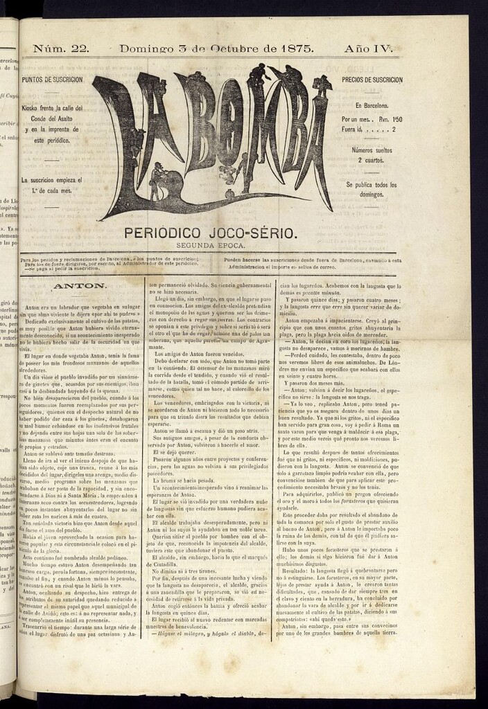 Miniatura de La Bomba: periódico bilingüe joco-serio del domingo 3 de octubre de 1875, nº 22