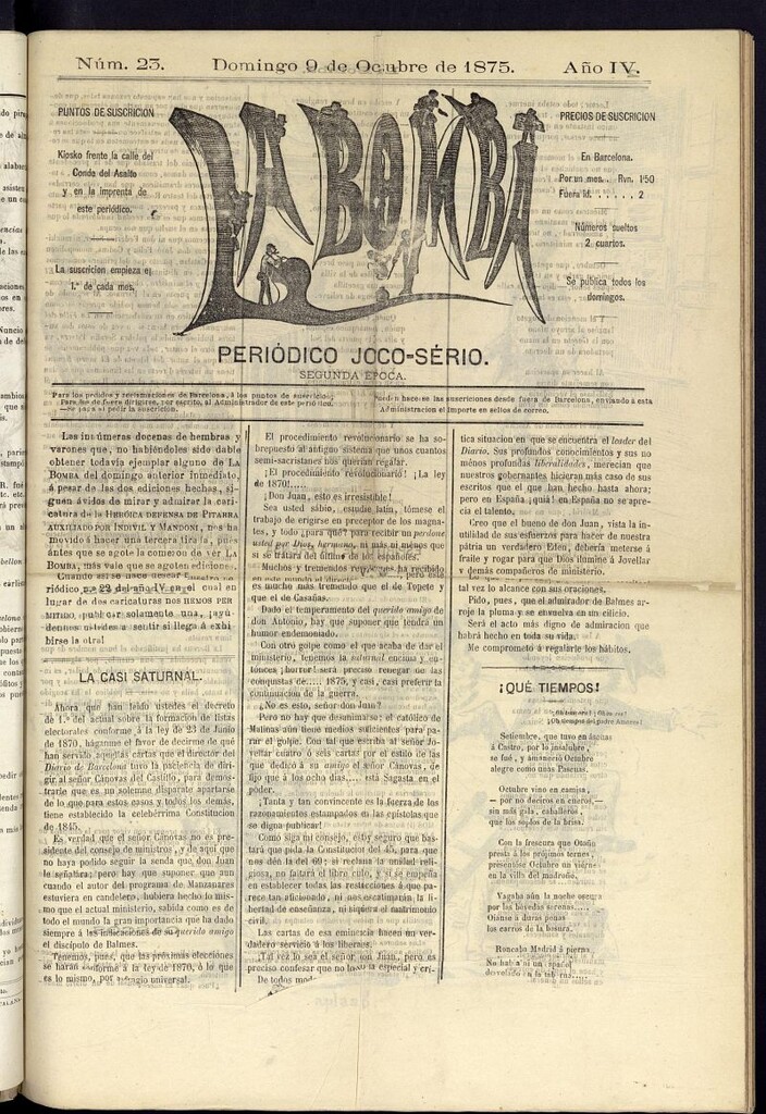 Miniatura de La Bomba: periódico bilingüe joco-serio del domingo 9 de octubre de 1875, nº 23
