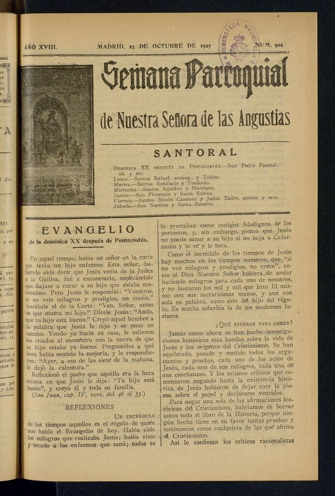 Miniatura de Semana Parroquial de Nuestra Señora de las Angustias del 23 de octubre de 1927