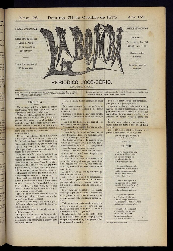 Miniatura de La Bomba: periódico bilingüe joco-serio del domingo 31 de octubre de 1875, nº 26