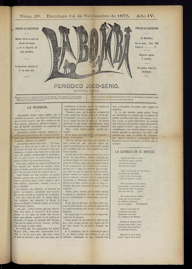 Miniatura de La Bomba: periódico bilingüe joco-serio del domingo 14 de noviembre de 1875, nº 28