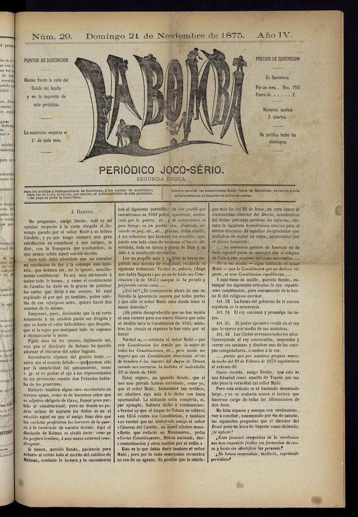 Miniatura de La Bomba: periódico bilingüe joco-serio del domingo 21 de noviembre de 1875, nº 29