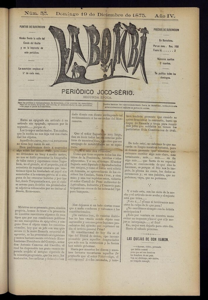 Miniatura de La Bomba: periódico bilingüe joco-serio del domingo 19 de diciembre de 1875, nº 33
