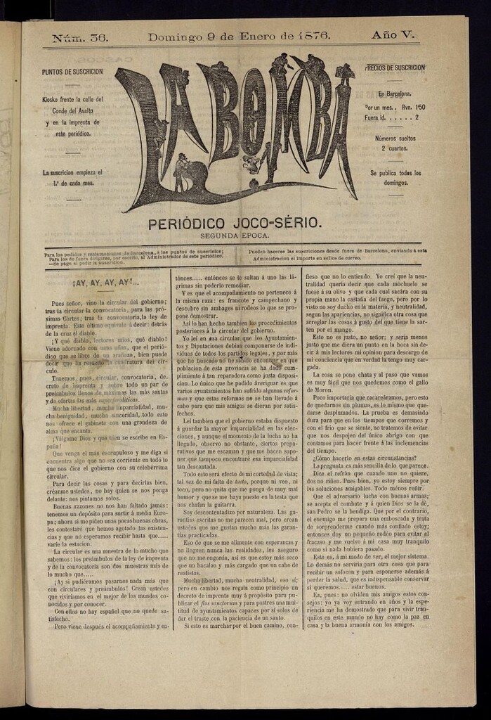 Miniatura de La Bomba: periódico bilingüe joco-serio del domingo 9 de enero de 1876, nº 36