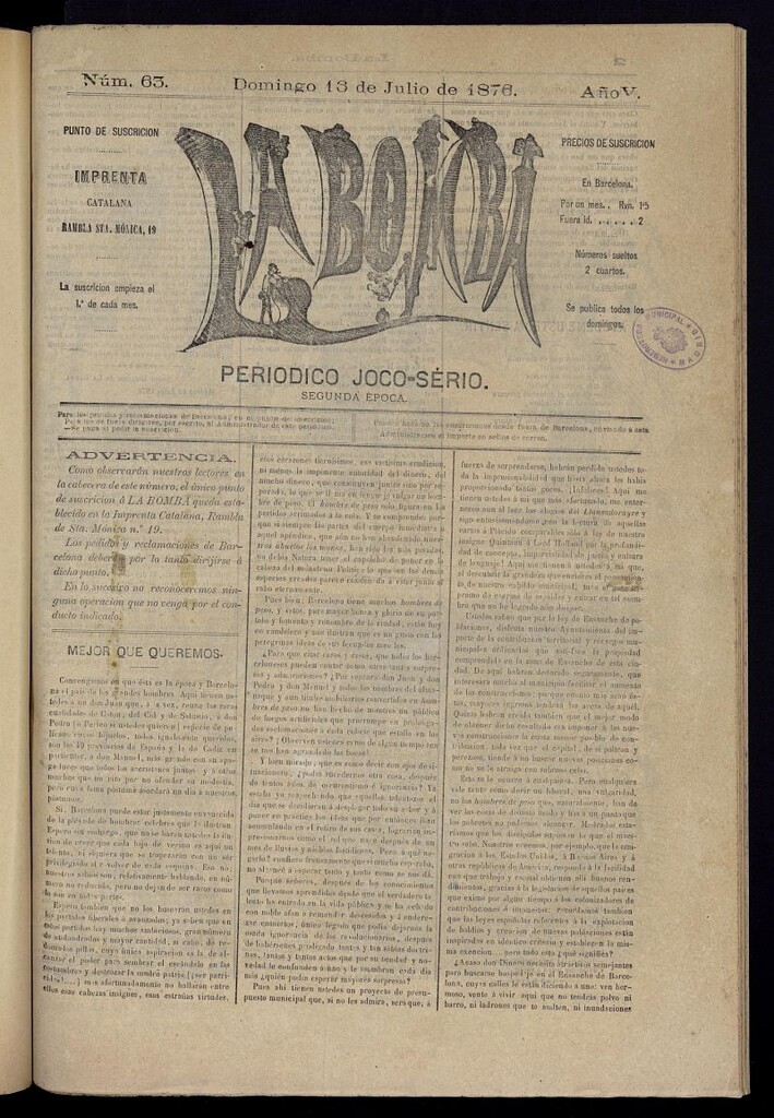 Miniatura de La Bomba: periódico bilingüe joco-serio del domingo 13 de julio de 1876, nº 63