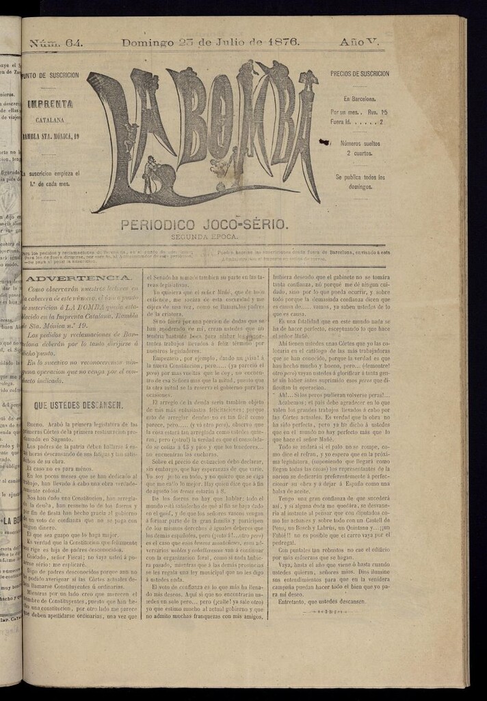 Miniatura de La Bomba: periódico bilingüe joco-serio del domingo 23 de julio de 1876, nº 64