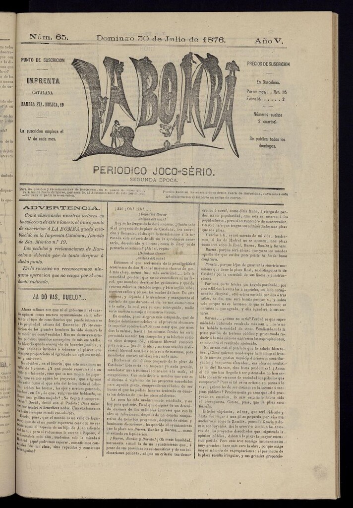 Miniatura de La Bomba: periódico bilingüe joco-serio del domingo 30 de julio de 1876, nº 65