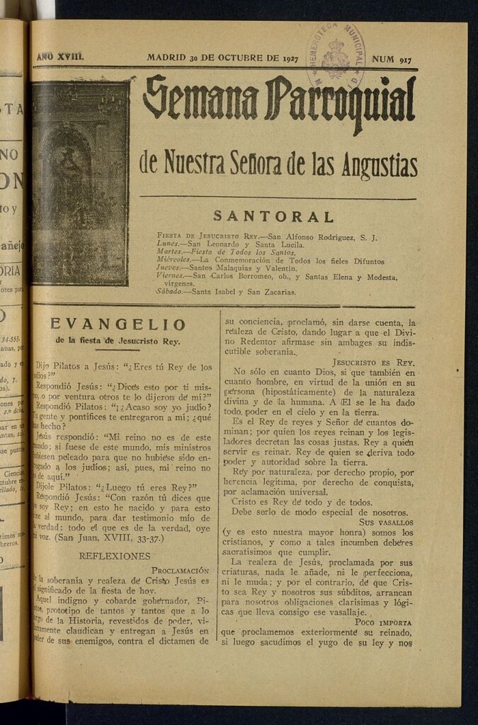 Miniatura de Semana Parroquial de Nuestra Señora de las Angustias del 30 de octubre de 1927