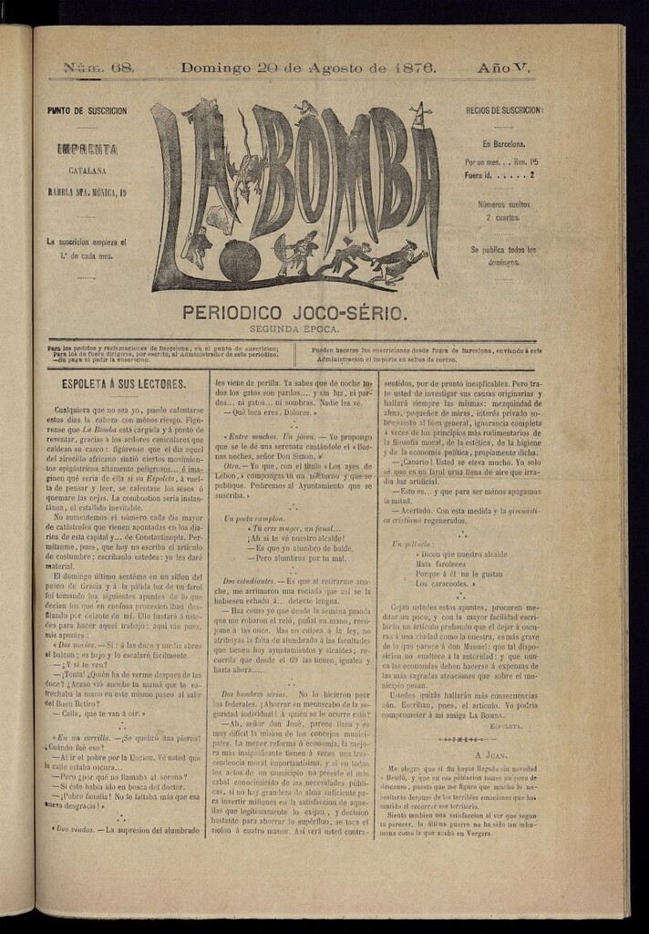 Miniatura de La Bomba: periódico bilingüe joco-serio del domingo 20 de agosto de 1876, nº 68