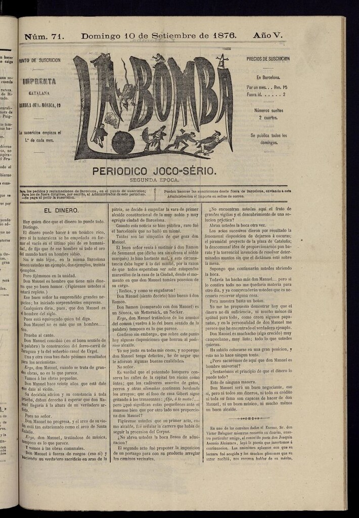Miniatura de La Bomba: periódico bilingüe joco-serio del domingo 10 de septiembre de 1876, nº 71