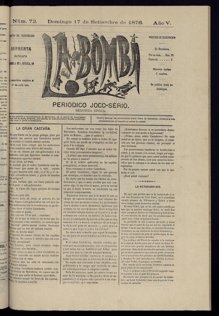 Miniatura de La Bomba: periódico bilingüe joco-serio del domingo 17 de septiembre de 1876, nº 72