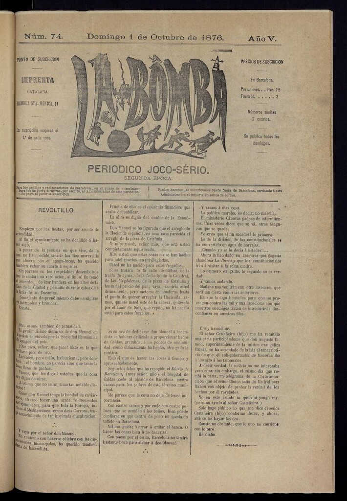 Miniatura de La Bomba: periódico bilingüe joco-serio del domingo 1 de octubre de 1876, nº 74
