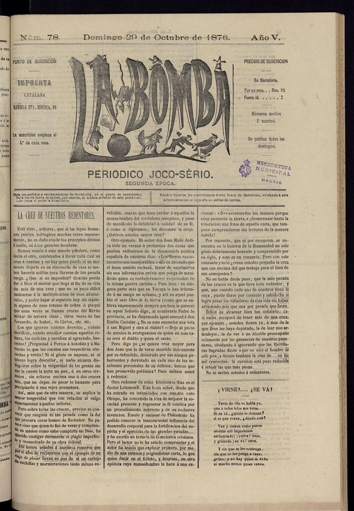 Miniatura de La Bomba: periódico bilingüe joco-serio del domingo 29 de octubre de 1876, nº 78