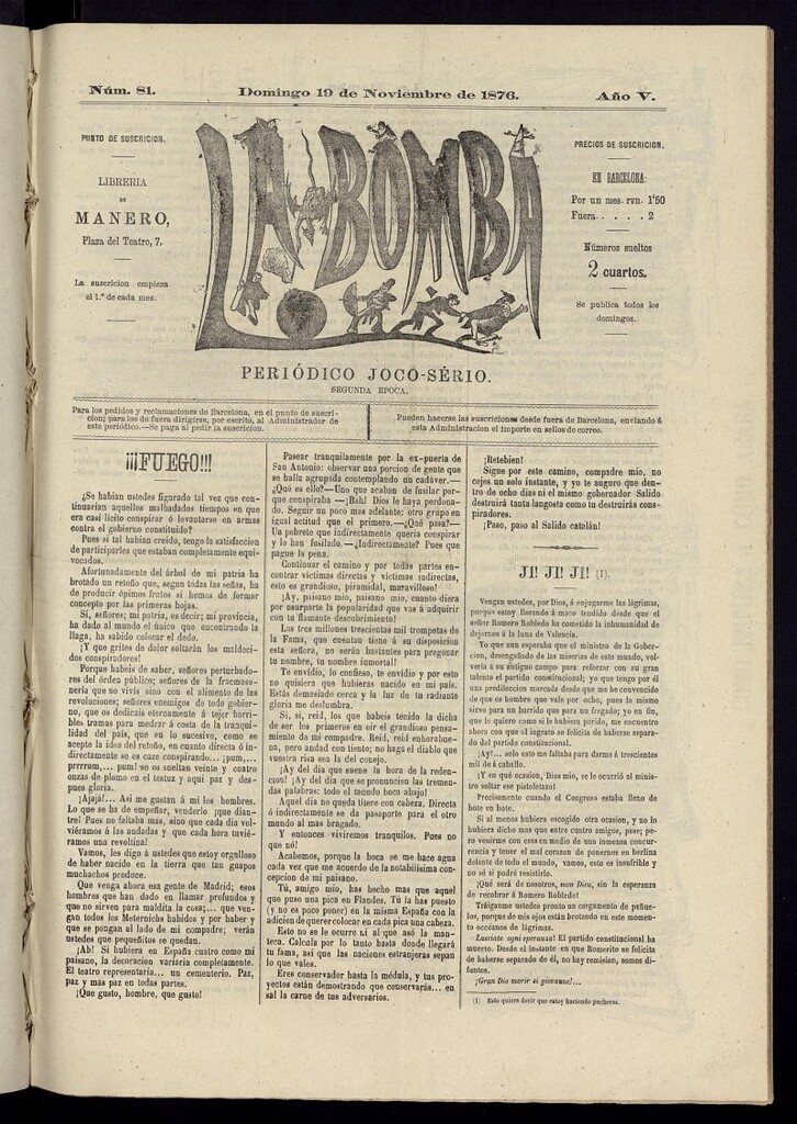 Miniatura de La Bomba: periódico bilingüe joco-serio del domingo 19 de noviembre de 1876, nº 81