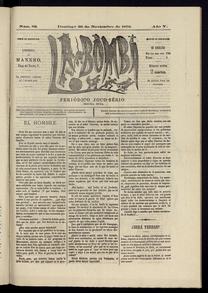 Miniatura de La Bomba: periódico bilingüe joco-serio del domingo 26 de noviembre de 1876, nº 82