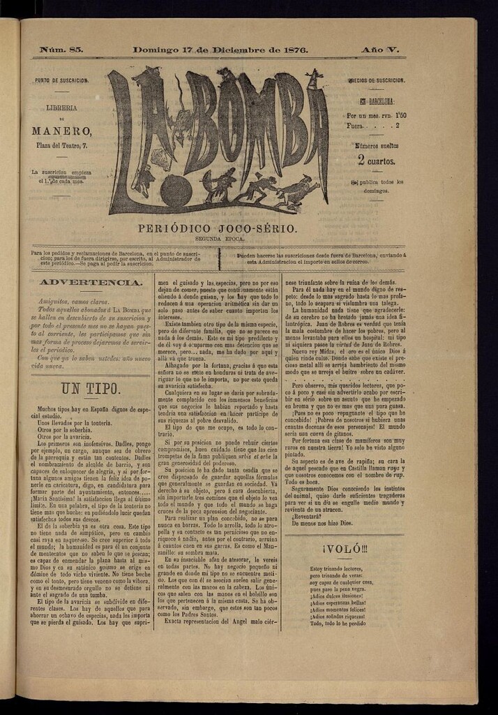Miniatura de La Bomba: periódico bilingüe joco-serio del domingo 17 de diciembre de 1876, nº 85