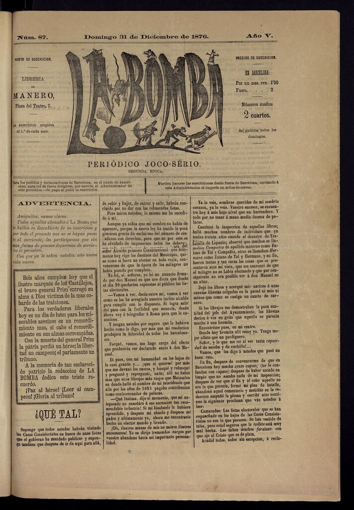 Miniatura de La Bomba: periódico bilingüe joco-serio del domingo 31 de diciembre de 1876, nº 87