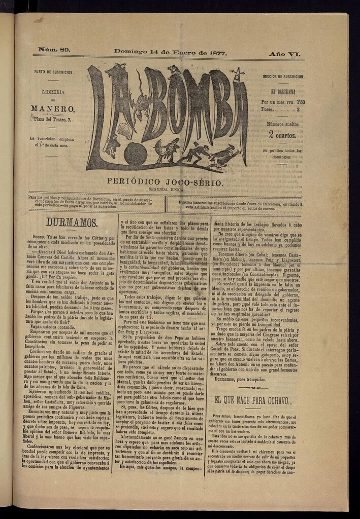 Miniatura de La Bomba: periódico bilingüe joco-serio del domingo 14 de enero de 1877, nº 89
