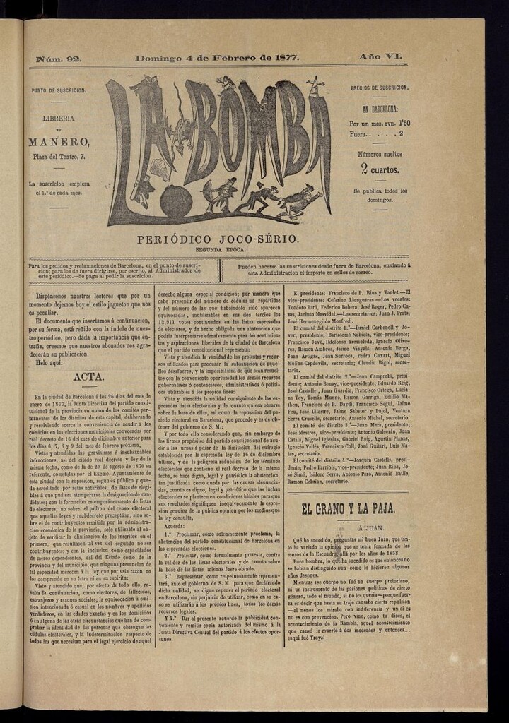 Miniatura de La Bomba: periódico bilingüe joco-serio del domingo 4 de febrero de 1877, nº 92