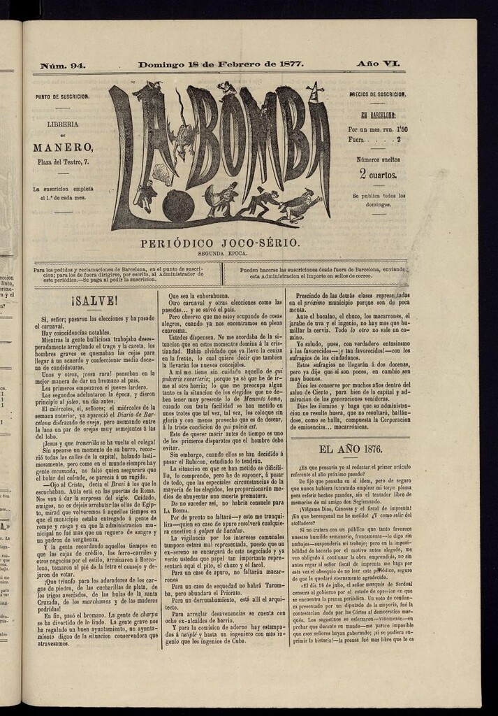 Miniatura de La Bomba: periódico bilingüe joco-serio del domingo 18 de febrero de 1877, nº 94
