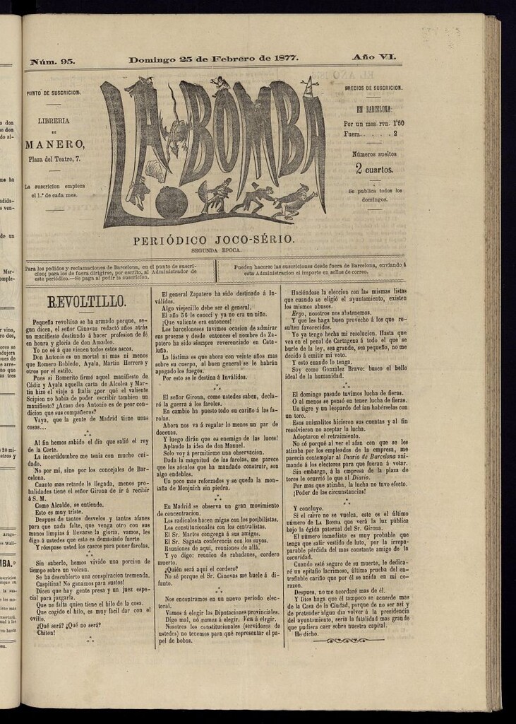 Miniatura de La Bomba: periódico bilingüe joco-serio del domingo 25 de febrero de 1877, nº 95