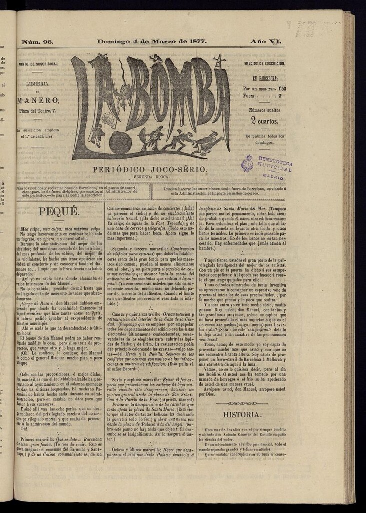 Miniatura de La Bomba: periódico bilingüe joco-serio del domingo 4 de marzo de 1877, nº 96
