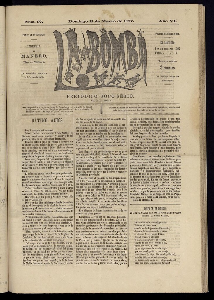 Miniatura de La Bomba: periódico bilingüe joco-serio del domingo 11 de marzo de 1877, nº 97