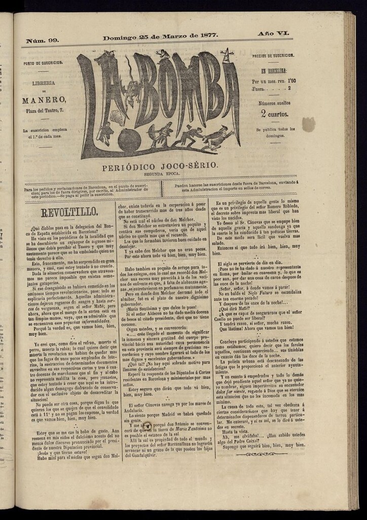 Miniatura de La Bomba: periódico bilingüe joco-serio del domingo 25 de marzo de 1877, nº 99