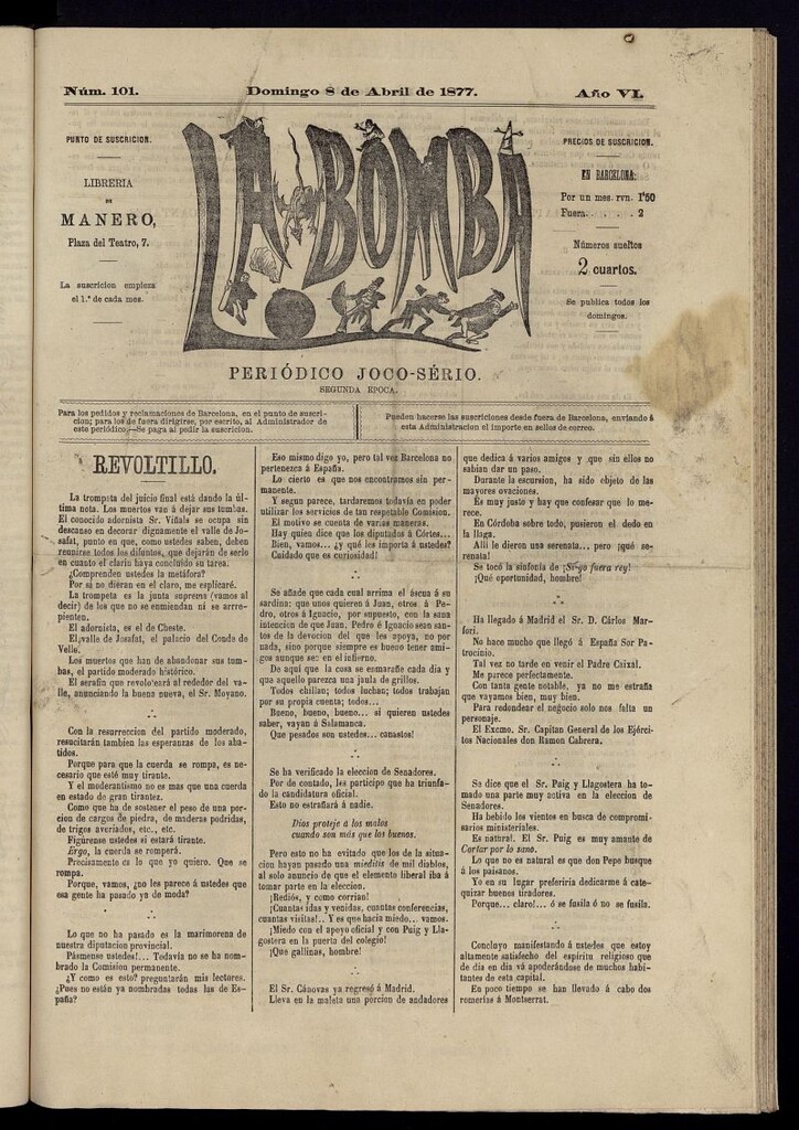 Miniatura de La Bomba: periódico bilingüe joco-serio del domingo 8 de abril de 1877, nº 101