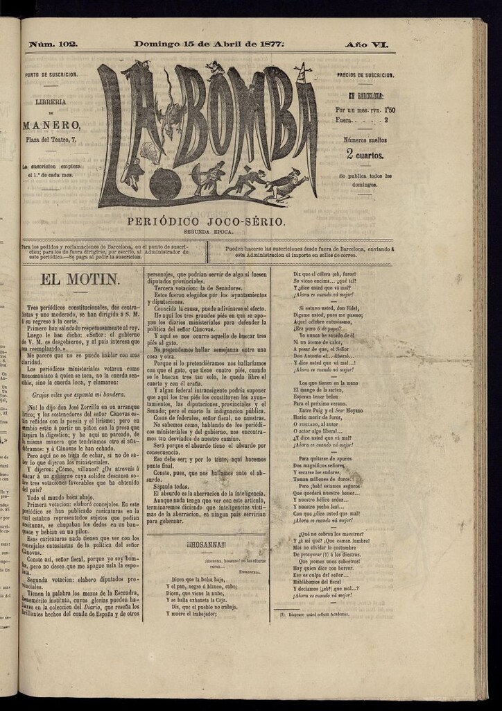 Miniatura de La Bomba: periódico bilingüe joco-serio del domingo 15 de abril de 1877, nº 102