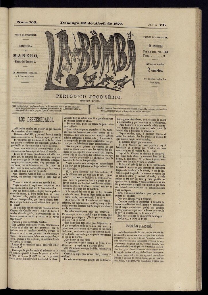 Miniatura de La Bomba: periódico bilingüe joco-serio del domingo 22 de abril de 1877, nº 103