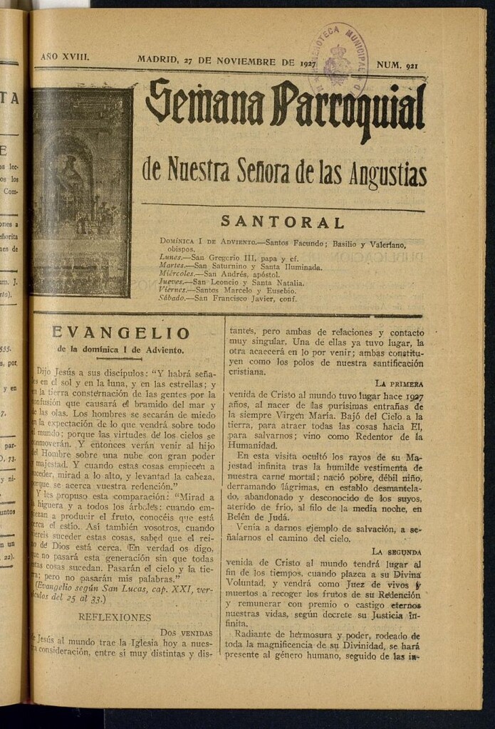 Miniatura de Semana Parroquial de Nuestra Señora de las Angustias del 27 de noviembre de 1927