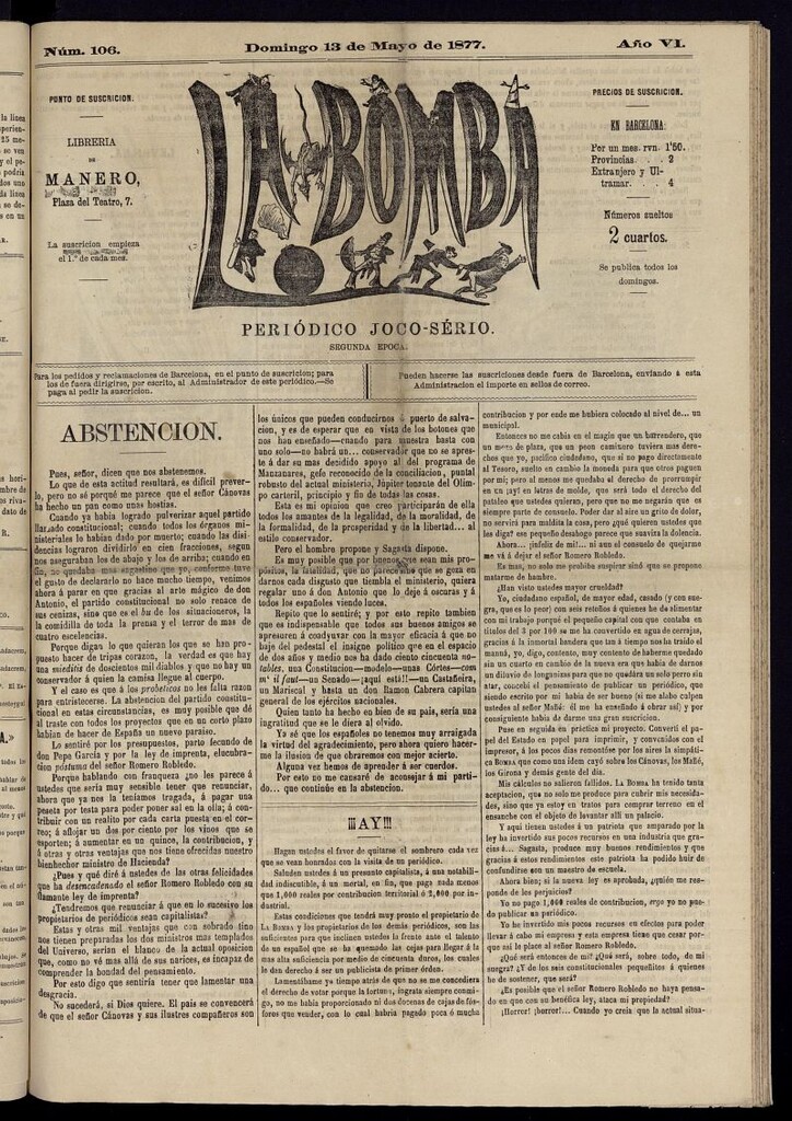 Miniatura de La Bomba: periódico bilingüe joco-serio del domingo 13 de mayo de 1877, nº 106