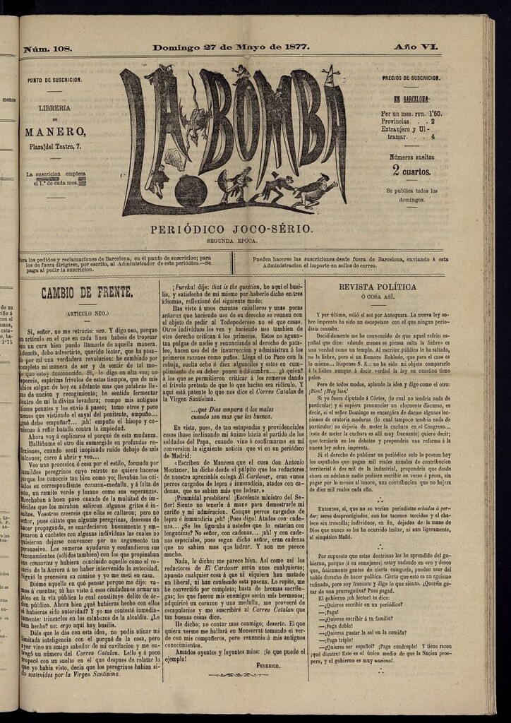 Miniatura de La Bomba: periódico bilingüe joco-serio del domingo 27 de mayo de 1877, nº 108