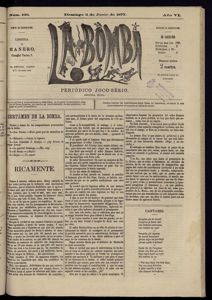 Miniatura de La Bomba: periódico bilingüe joco-serio del domingo 3 de junio de 1877, nº 109