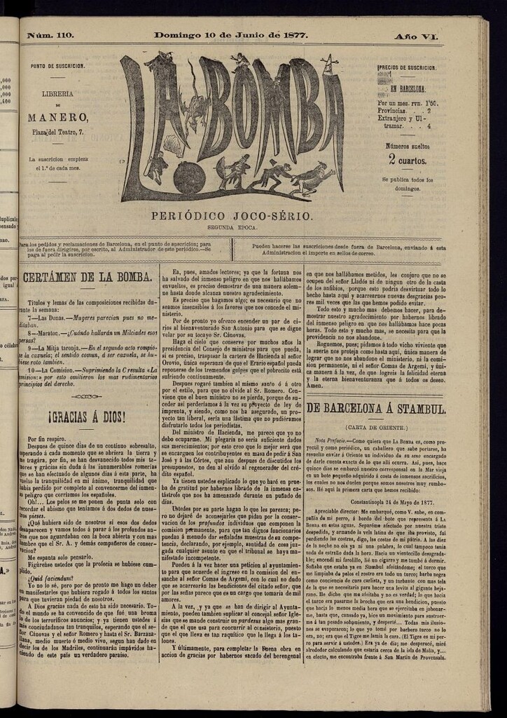 Miniatura de La Bomba: periódico bilingüe joco-serio del domingo 10 de junio de 1877, nº 110