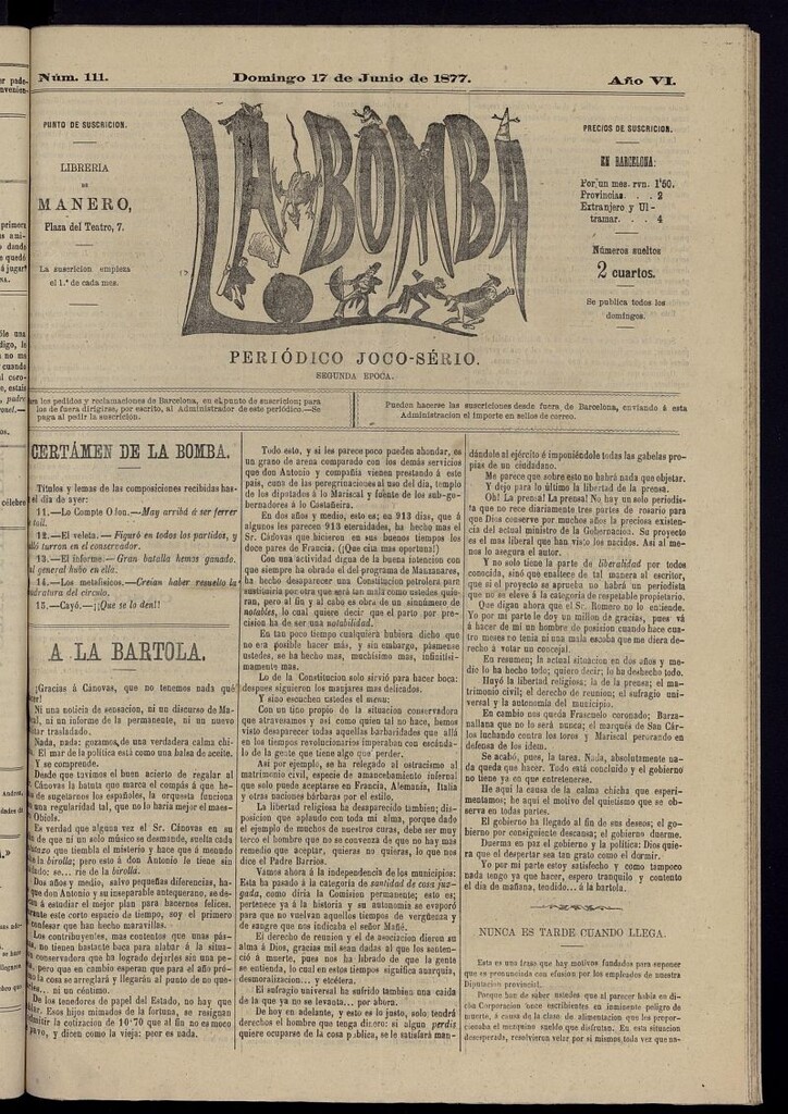 Miniatura de La Bomba: periódico bilingüe joco-serio del domingo 17 de junio de 1877, nº 111