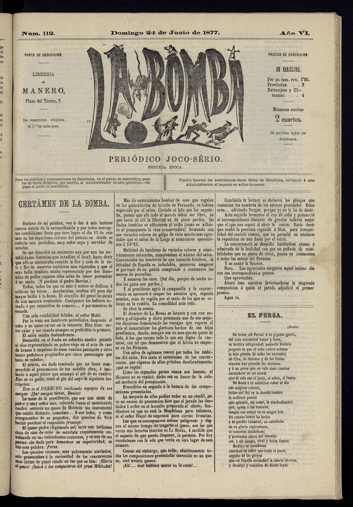 Miniatura de La Bomba: periódico bilingüe joco-serio del domingo 24 de junio de 1877, nº 112