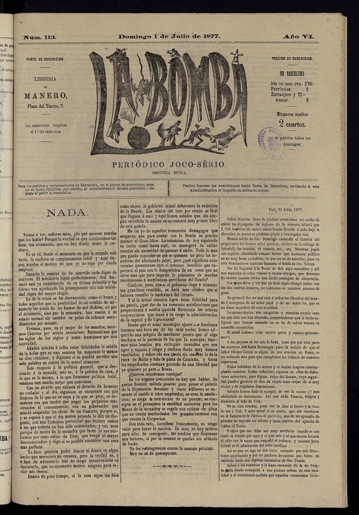 Miniatura de La Bomba: periódico bilingüe joco-serio del domingo 1 de julio de 1877, nº 113