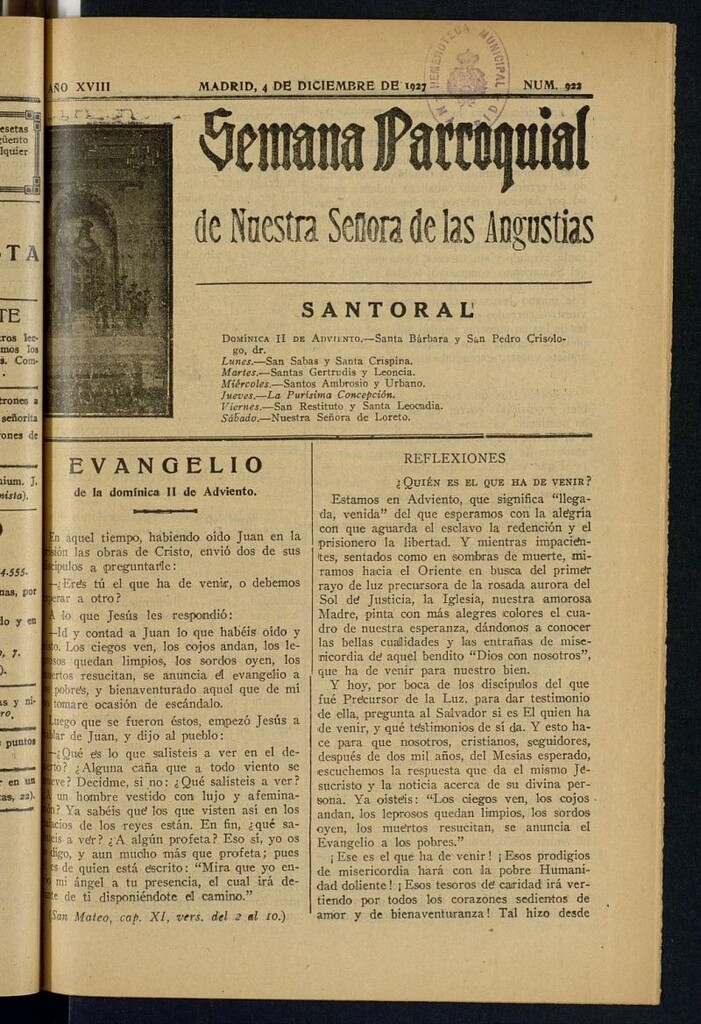 Miniatura de Semana Parroquial de Nuestra Señora de las Angustias del 4 de diciembre de 1927