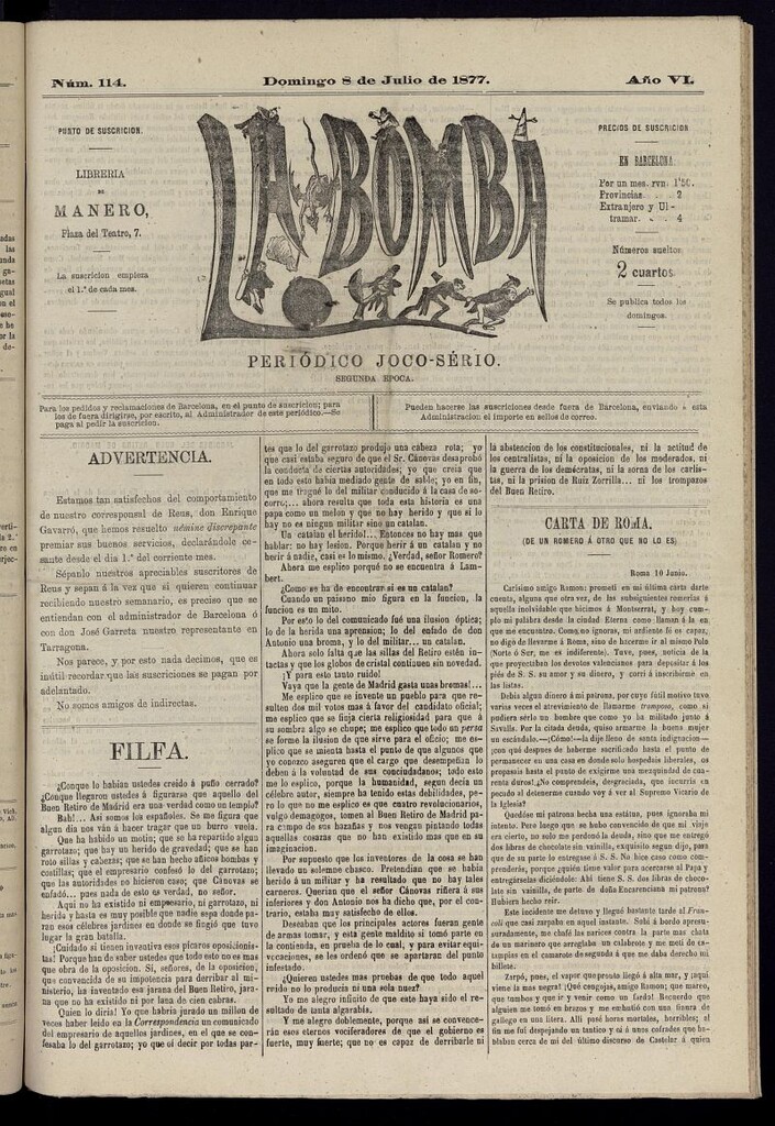 Miniatura de La Bomba: periódico bilingüe joco-serio del domingo 8 de julio de 1877, nº 114