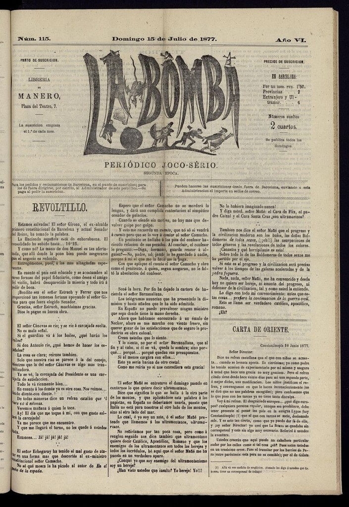 Miniatura de La Bomba: periódico bilingüe joco-serio del domingo 15 de julio de 1877, nº 115
