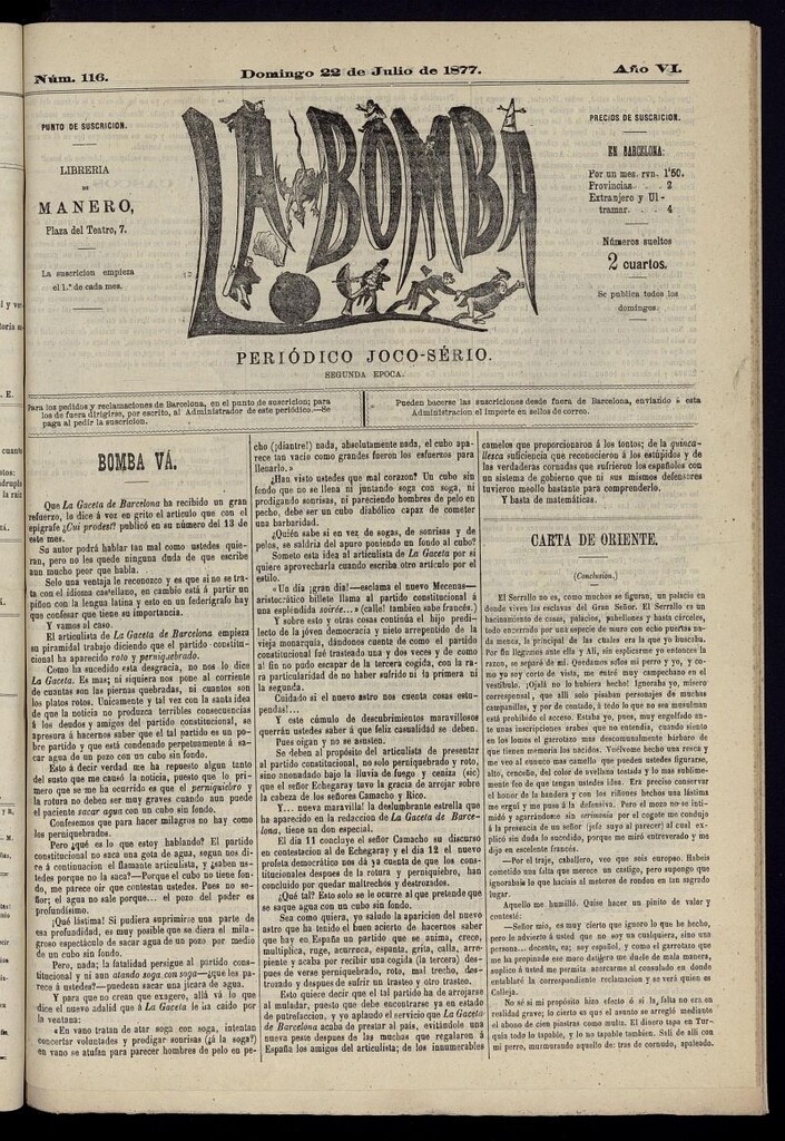 Miniatura de La Bomba: periódico bilingüe joco-serio del domingo 22 de julio de 1877, nº 116