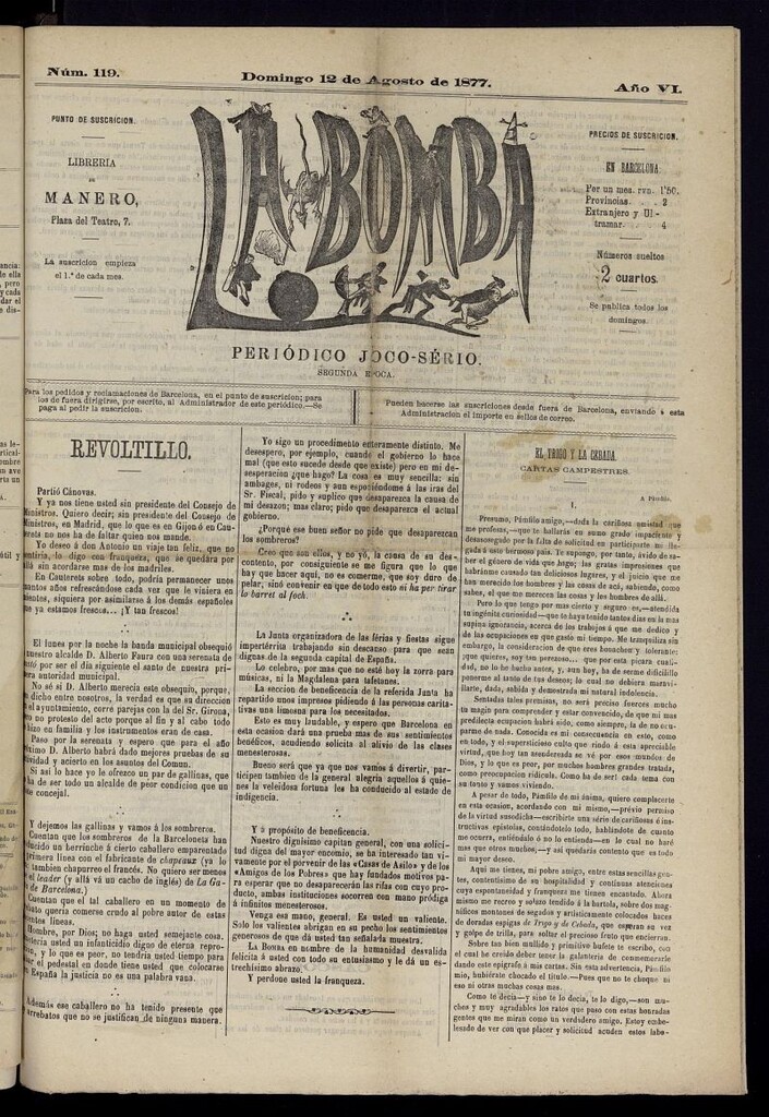 Miniatura de La Bomba: periódico bilingüe joco-serio del domingo 12 de agosto de 1877, nº 119