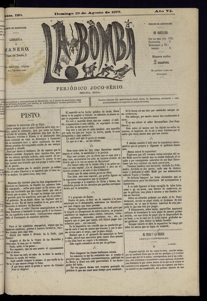 Miniatura de La Bomba: periódico bilingüe joco-serio del domingo 19 de agosto de 1877, nº 120