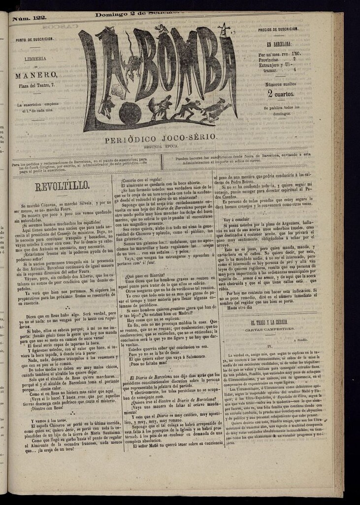 Miniatura de La Bomba: periódico bilingüe joco-serio del domingo 2 de septiembre de 1877, nº 122