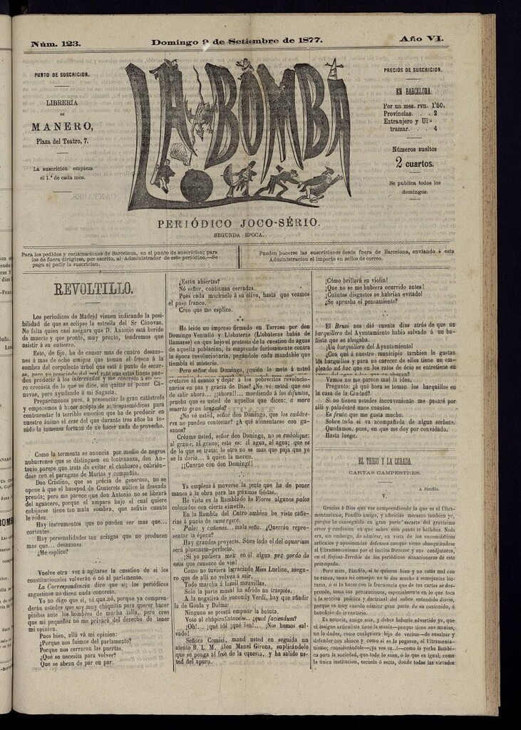 Miniatura de La Bomba: periódico bilingüe joco-serio del domingo 9 de septiembre de 1877, nº 123