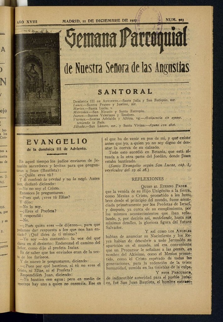 Miniatura de Semana Parroquial de Nuestra Señora de las Angustias del 11 de diciembre de 1927
